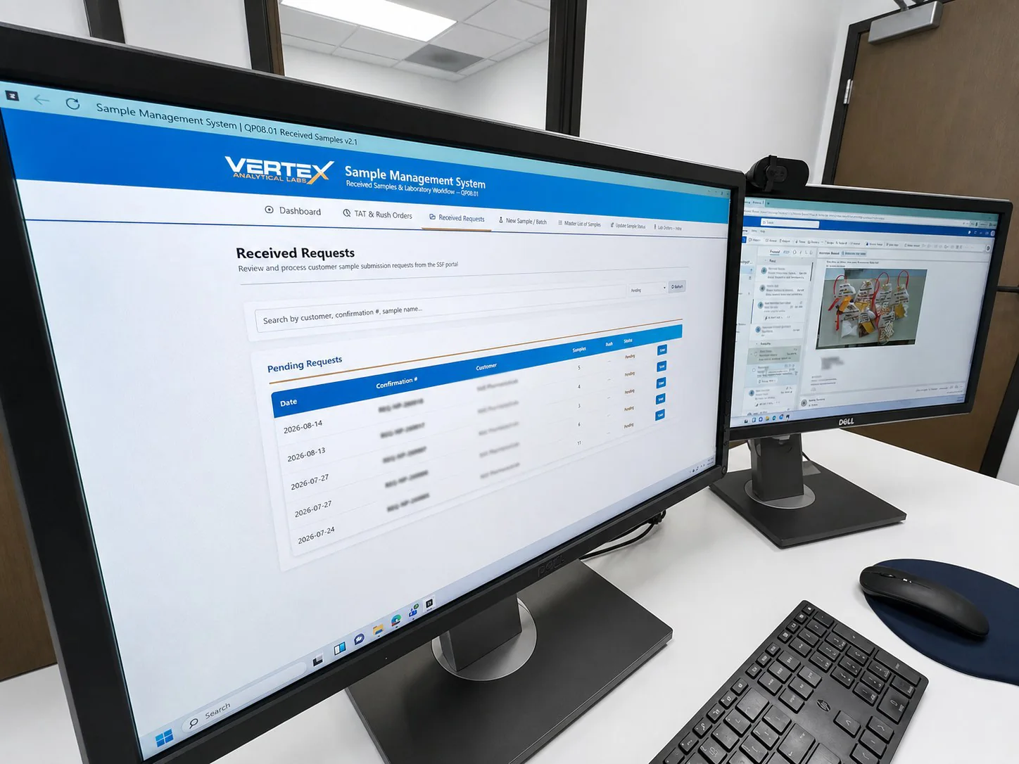 Vertex client portal — sample management system on screen